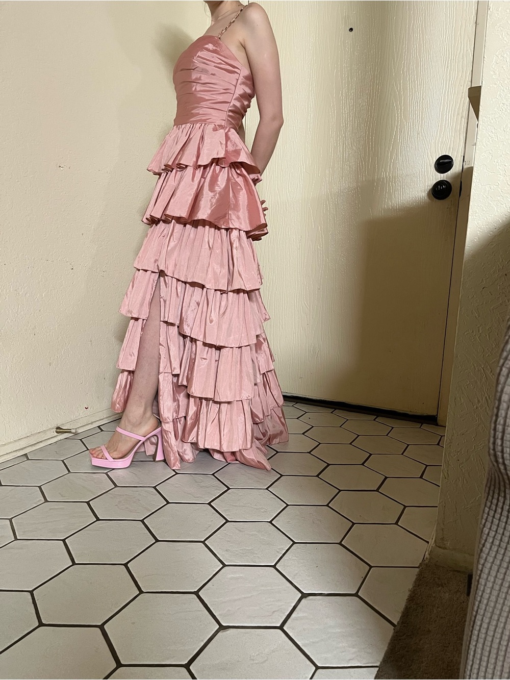 Blush Pink Tiered Ruffle One-Shoulder Evening Gown